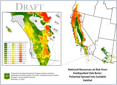 map of spread of the goldspotted oak borer